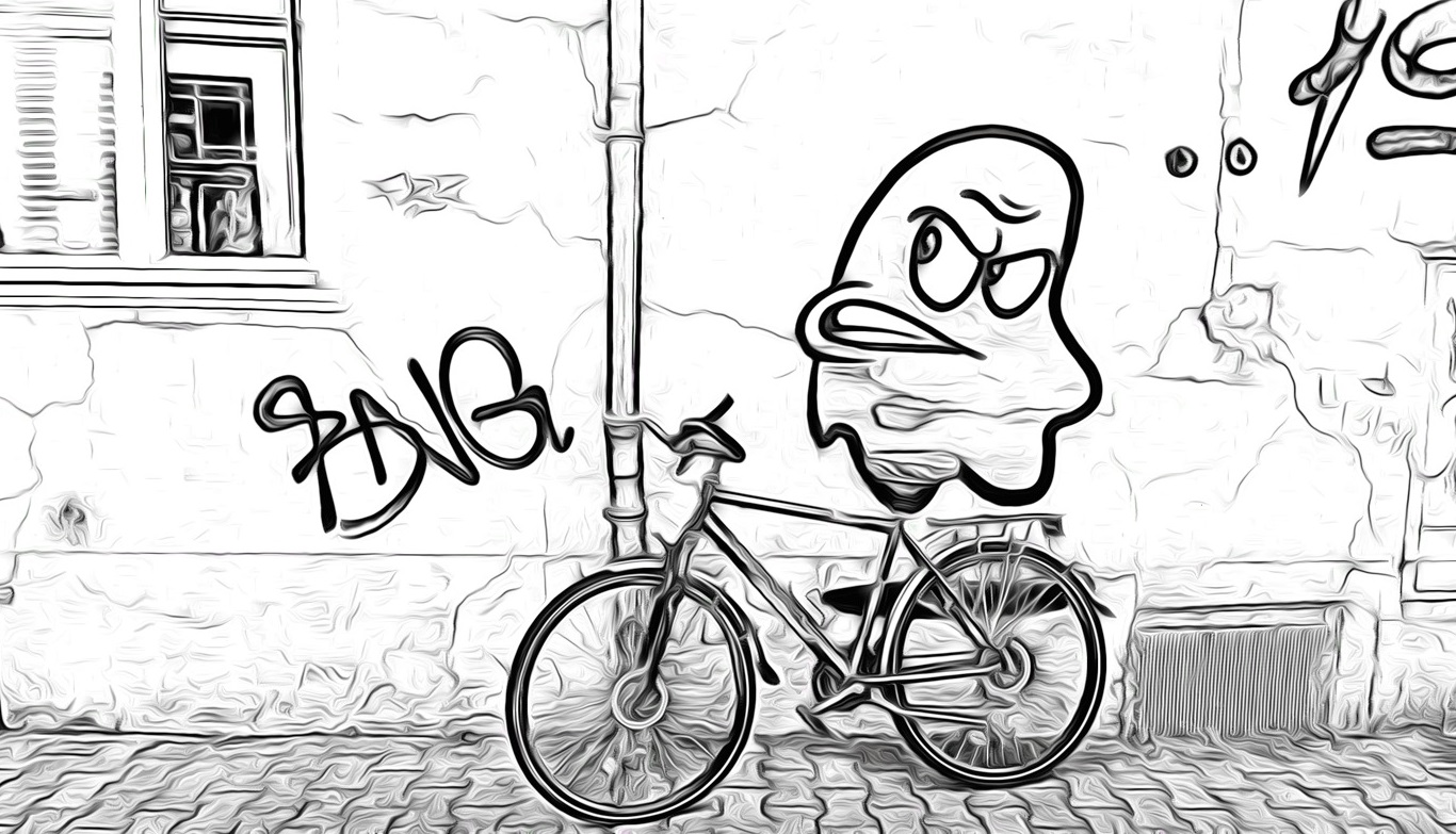 Witzesammlung Streetart Fahrrad vor Wand lustiges Motiv bei trackrace in s/w