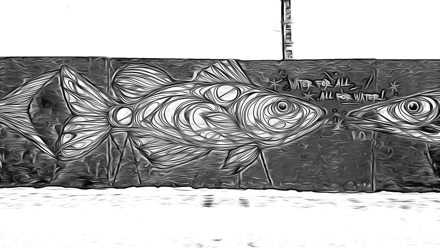 Lebensweisheiten und andere lustige Sachen bei trackrace Motive in s/w. Hier ein Fisch Mural an einem Bauzaun in Hamburg soweit ich mich erinnere. Reeperbahn müsste das gewesen sein.